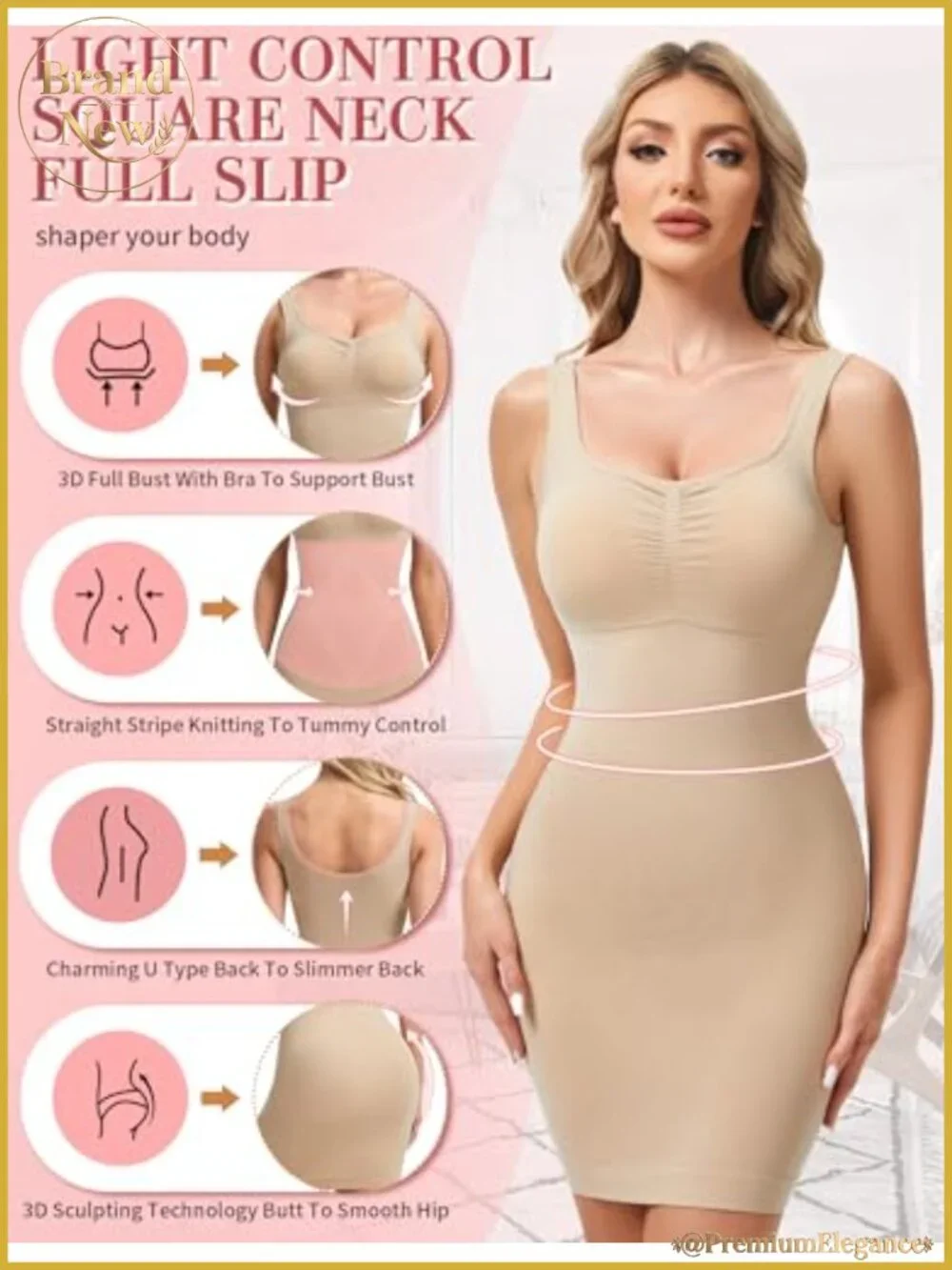 Shapewear Full Slip with Built In Detachable Bra Women Square Neck Cami